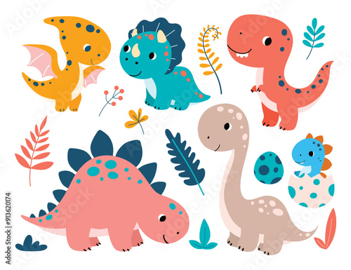 Set of Cute Dinosaurs and Elements