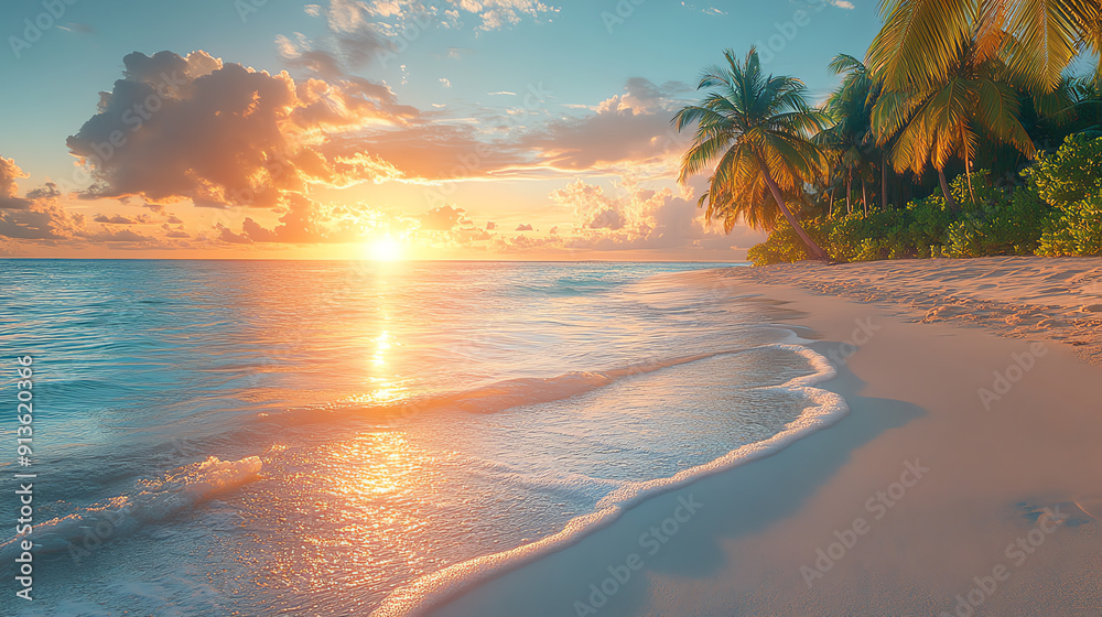 A serene beach at sunset, with gentle waves lapping at the shore and palm trees silhouetted against a colorful sky. A serene beach at sunset, with gentle waves lapping at the shore and palm trees silhouetted against a colorful sky.