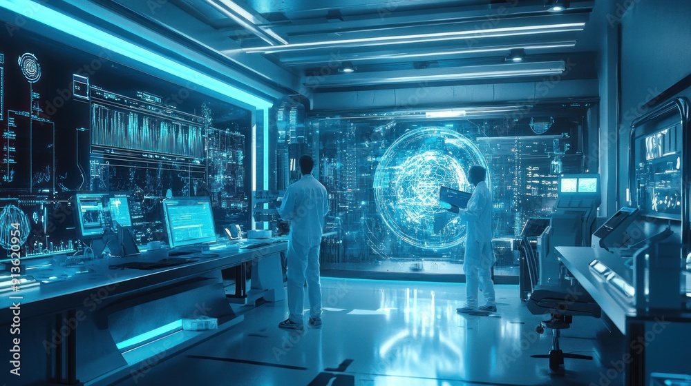 Futuristic Laboratory with Scientists Analyzing Data Futuristic Laboratory with Scientists Analyzing Data