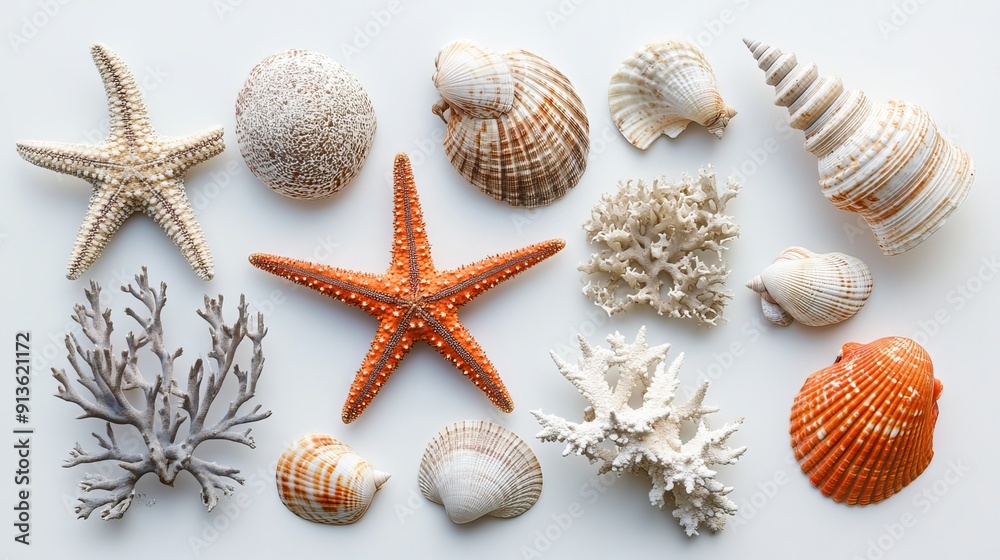 A collection of sea stars, shells, and coral displayed on a white background. A collection of sea stars, shells, and coral displayed on a white background.