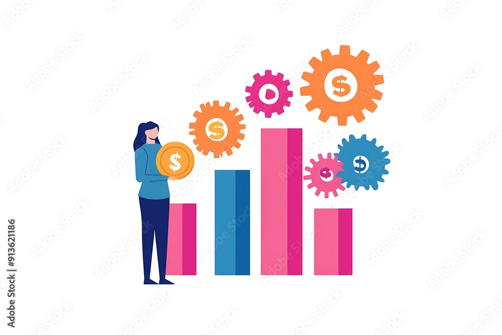Businesswoman with magnifier dollar money from cog gear production. Optimize cost and expense for better profit strategy. Businesswoman with magnifier dollar money from cog gear production. Optimize cost and expense for better profit strategy.