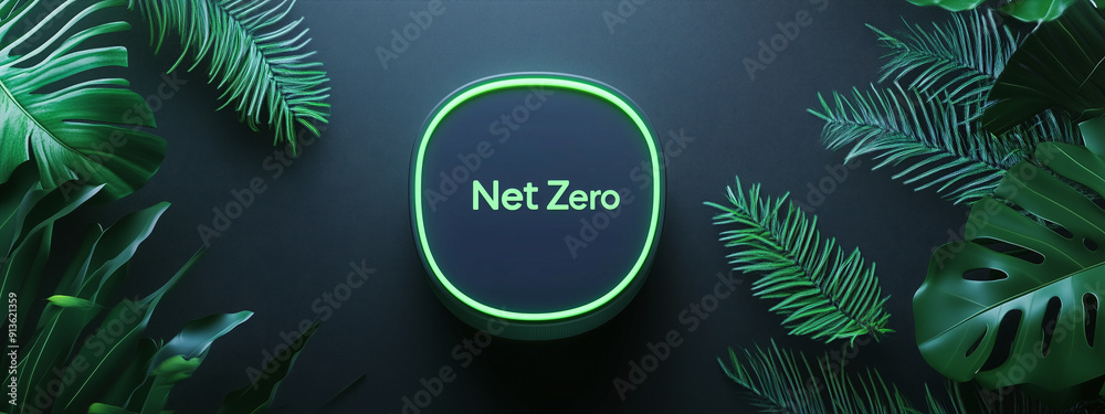Fototapeta premium Net Zero Concept with Green Neon Sign and Leaves