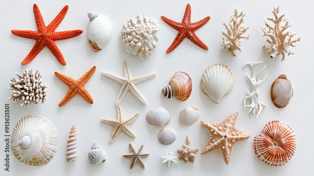 A collection of sea stars, shells, and coral displayed on a white background. A collection of sea stars, shells, and coral displayed on a white background.