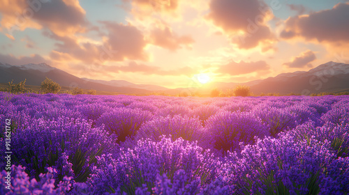 Breathtaking lavender field at sunset, showcasing vibrant purple blooms under a stunning sky filled with pastel hues.