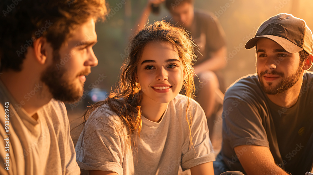 Three people are sitting around a campfire, smiling and enjoying each other's company. The girl is wearing a gray shirt and has her hair in a ponytail. The man on the left has a beard. Three people are sitting around a campfire, smiling and enjoying each other's company. The girl is wearing a gray shirt and has her hair in a ponytail. The man on the left has a beard.