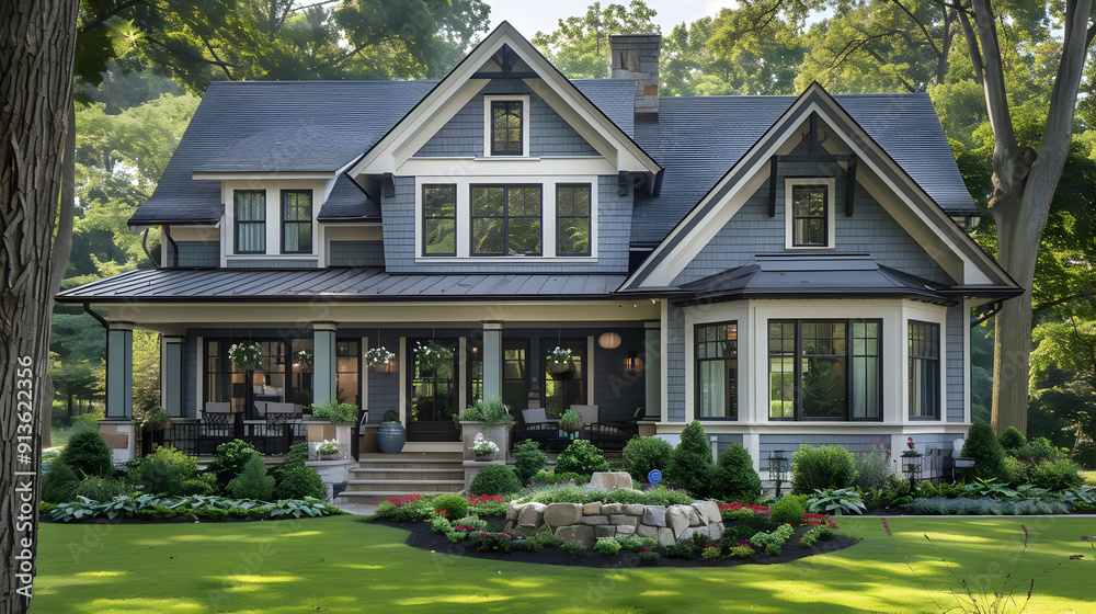 Blue House with White Trim and Large Windows Photo Blue House with White Trim and Large Windows Photo