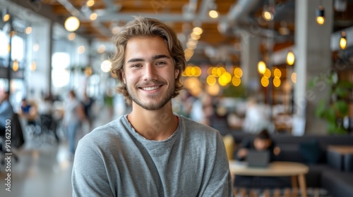 Young Man Smiling in Modern Café With Warm Atmosphere During Daytime