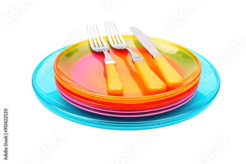 A Colorful Display of Plastic Plates and Cutlery Stacked Neatly on a White Background on Transparent PNG Background.