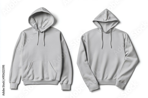 Two light gray hoodies with drawstrings and front pocket on white background