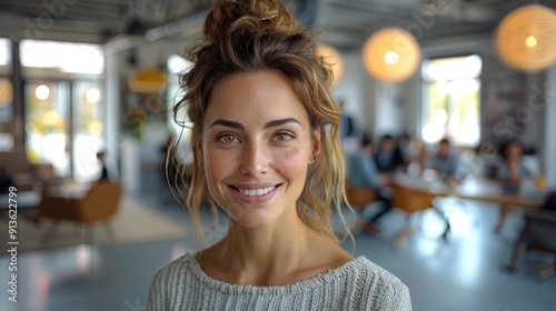 Young Woman Smiling Brightly in a Cozy Café During a Lively Afternoon