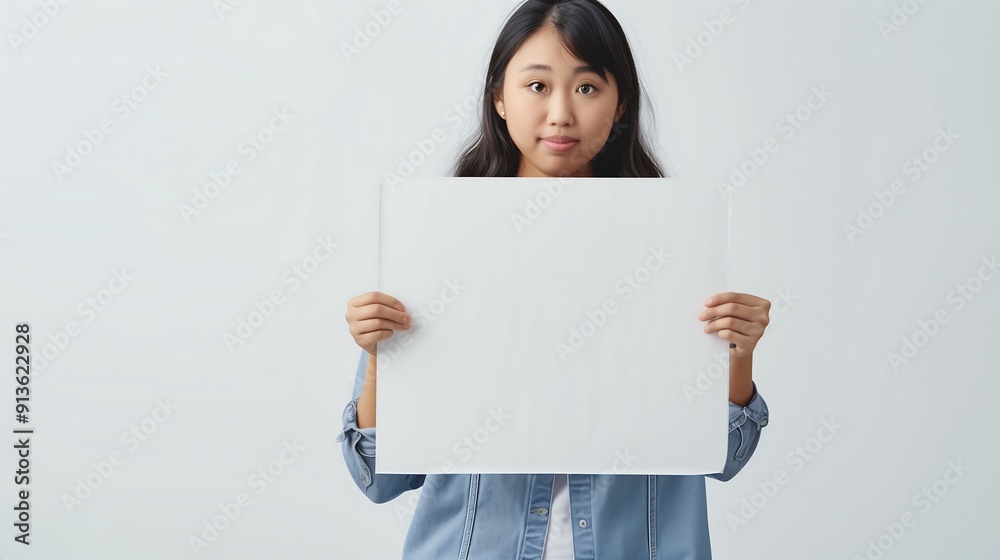 young asian female holding a large empty message board in her both hands with the strong facial expression of supportive over plain background. Empty spaces. Voting campaign promotion concept young asian female holding a large empty message board in her both hands with the strong facial expression of supportive over plain background. Empty spaces. Voting campaign promotion concept