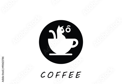Minimalist cat in coffee cup logo, perfect for cafes and pet lovers.