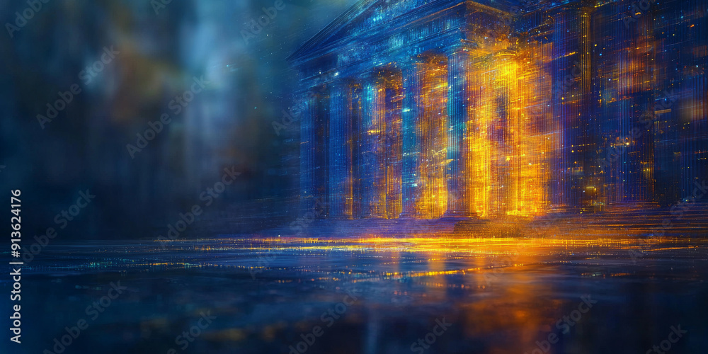 Blue neon glowing outline of a bank building on a dark abstract background, concept of finance and technology Blue neon glowing outline of a bank building on a dark abstract background, concept of finance and technology