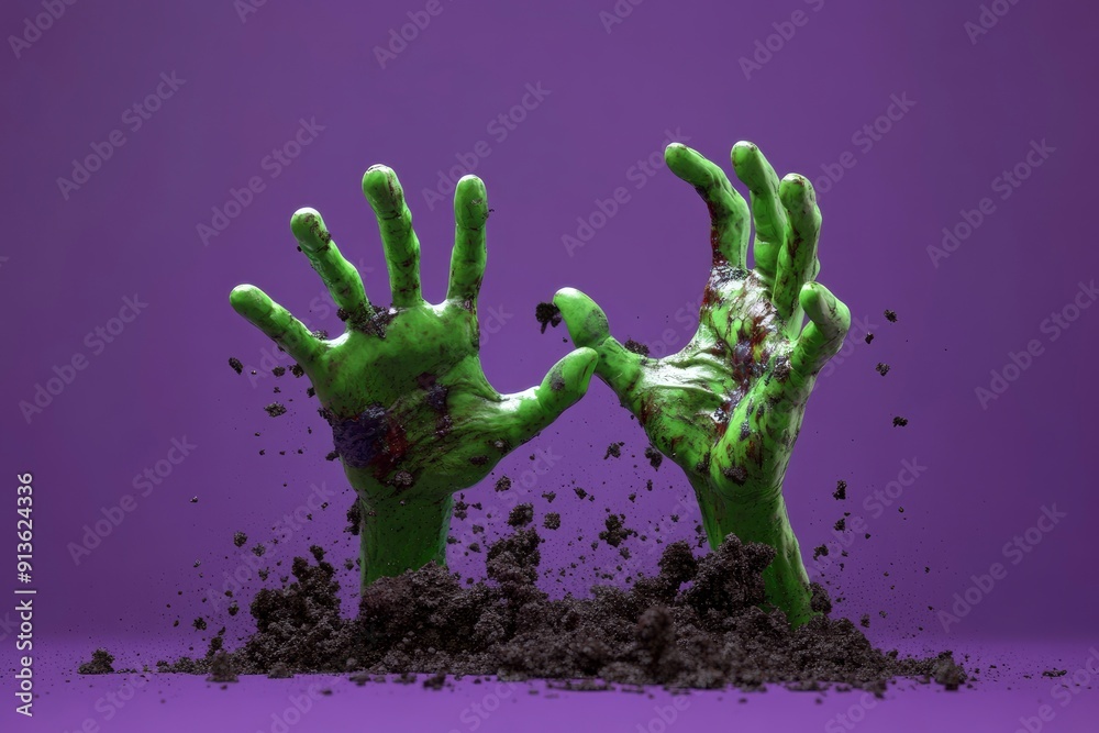 3d render, green zombie hands burst out of the ground, halloween clip art isolated on purple background and copy-space with generative ai 3d render, green zombie hands burst out of the ground, halloween clip art isolated on purple background and copy-space with generative ai
