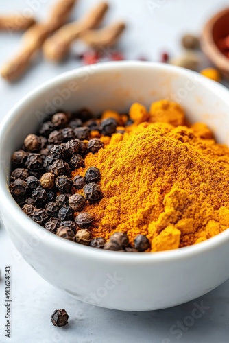  a white bowl filled with various spices  photo