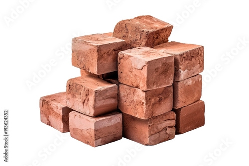 Stacked Rustic Terracotta Bricks Displayed Artistically Under Natural Lighting in a Crafting Workshop on Transparent PNG Background.