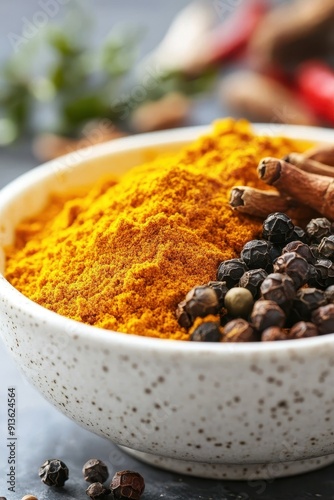  a white bowl filled with various spices  photo