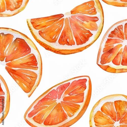 Watercolor painting of a pattern with slices of juicy oranges, on isolated white background