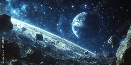 Beautiful planet in space, with a blue and black color scheme, surrounded by an asteroid belt, with rocks on the ground, and a blue starry sky background