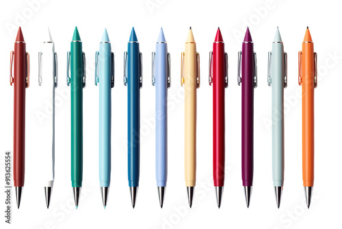 A Colorful Array of Writing Instruments Displayed in a Linear Fashion on a Bright Background on Transparent PNG Background.