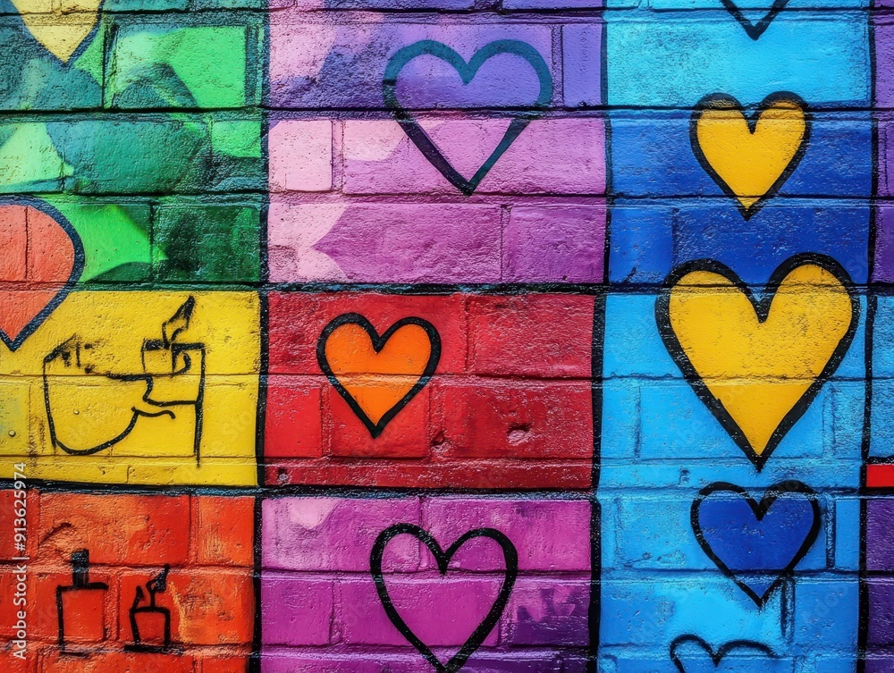 Naklejka premium Handdrawn pride symbols on a colorful graffiti wall, LGBT, Street art and inclusivity