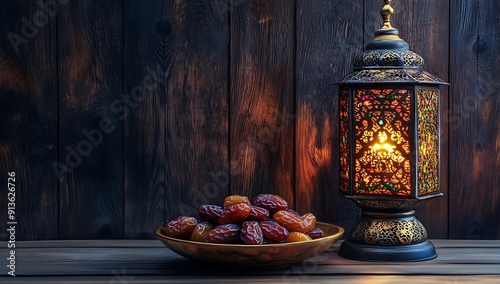 Islamic Arabian design background with beautiful lantern with some dates