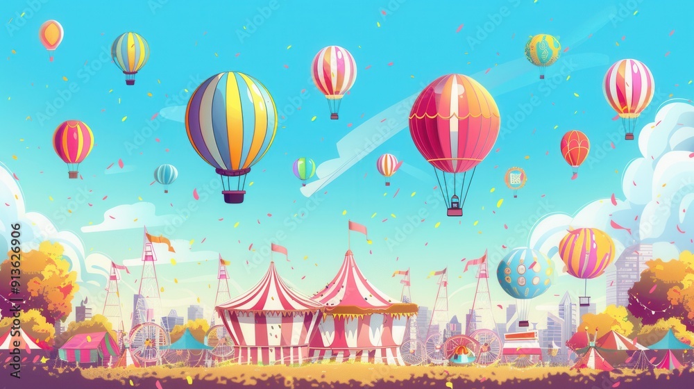 Obraz premium Cheerful balloons fill the sky above a lively city festival, featuring attractions, colorful tents, and a festive atmosphere enjoyed by attendees. Generative AI