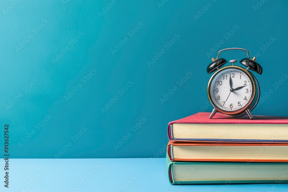 A stack of books and notebooks, an alarm clock and a ripe apple on a blue background. Back to school, teachers day concept, copy-space with generative ai A stack of books and notebooks, an alarm clock and a ripe apple on a blue background. Back to school, teachers day concept, copy-space with generative ai