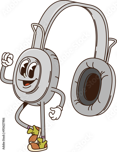 Cartoon groovy computer headphs retro character. Isolated vector pair of earphs with a happy face, standing with arm raised in excitement gesture. Vintage nostalgic music equipment personage