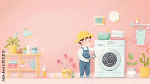 Appliance repair, technician fixing washing machine, detailed tools, Watercolor style photo