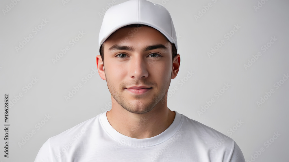 Young man wearing white t-shirt and white baseball cap isolated on grey background