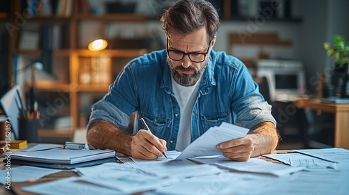 A man is sitting at a desk with a pile of papers in front of him. He is writing on one of the papers with a pen.