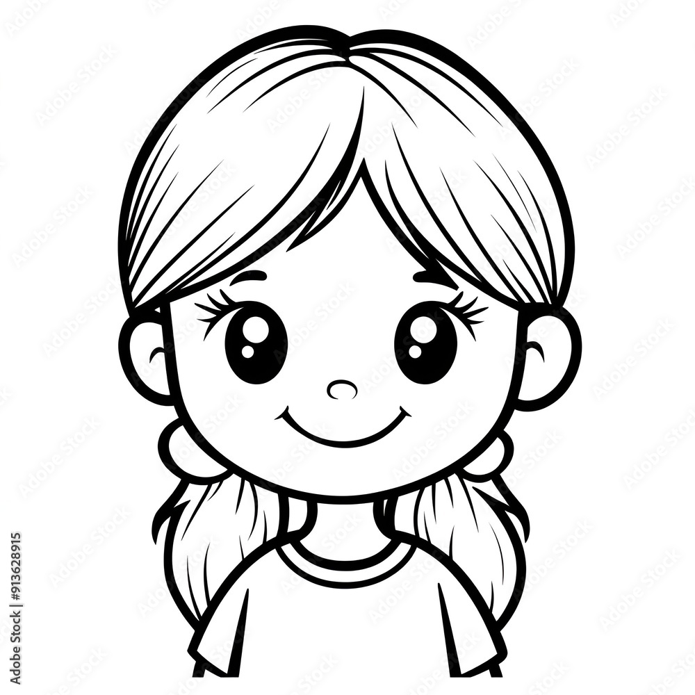 A cute, black and white cartoon drawing of a smiling girl with pigtails. A cute, black and white cartoon drawing of a smiling girl with pigtails.