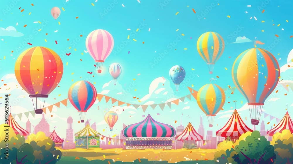 Balloons float high above a vibrant city festival filled with colorful tents and festive decorations, creating a joyful and lively atmosphere. Generative AI Balloons float high above a vibrant city festival filled with colorful tents and festive decorations, creating a joyful and lively atmosphere. Generative AI