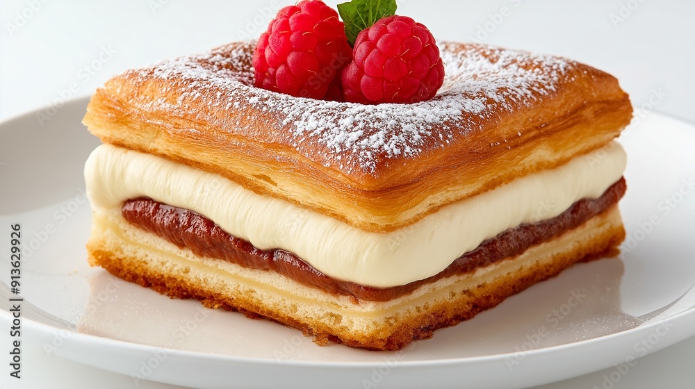 A slice of cake with blueberries and raspberries on top. The cake is cut into squares and is sitting on a white plate A slice of cake with blueberries and raspberries on top. The cake is cut into squares and is sitting on a white plate