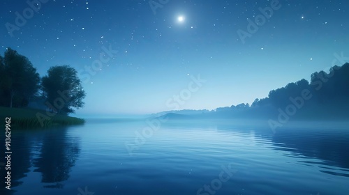 Quiet night river scene with grain effect, minimalist clean backdrop, peaceful flow