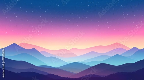 Starry night sky over mountains, grainy texture, minimalist modern backdrop, peaceful nature