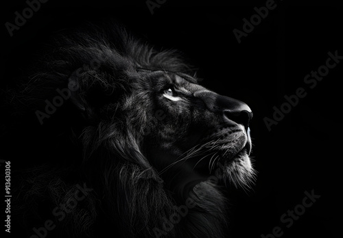 Wallpaper Mural Close-up portrait of a majestic lion in black and white, its gaze directed upwards. Torontodigital.ca
