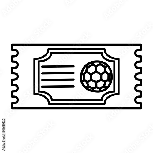A simple black and white icon of a ticket featuring a soccer ball. Ideal for sports event promotion, ticketing design, and football-related project.