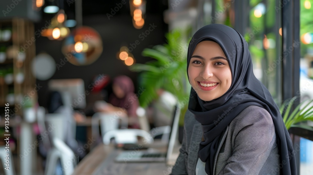 Smiling Woman in a Hijab Sitting at a Cafe suitable for business background, posters, wallpapers, banners, greeting cards, and advertising for business entities or brands. Smiling Woman in a Hijab Sitting at a Cafe suitable for business background, posters, wallpapers, banners, greeting cards, and advertising for business entities or brands.