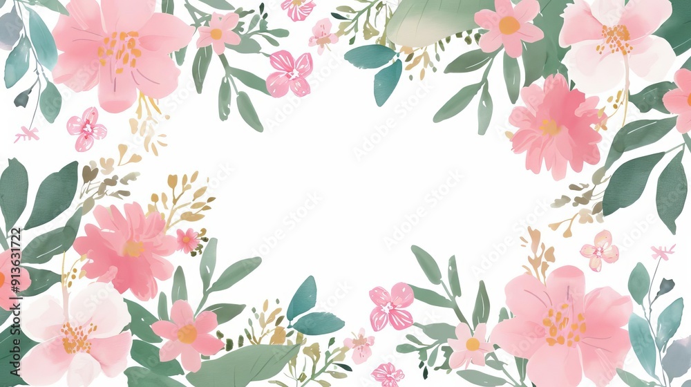 Empty flower frame with leaves, simple clean backdrop, watercolor style Empty flower frame with leaves, simple clean backdrop, watercolor style