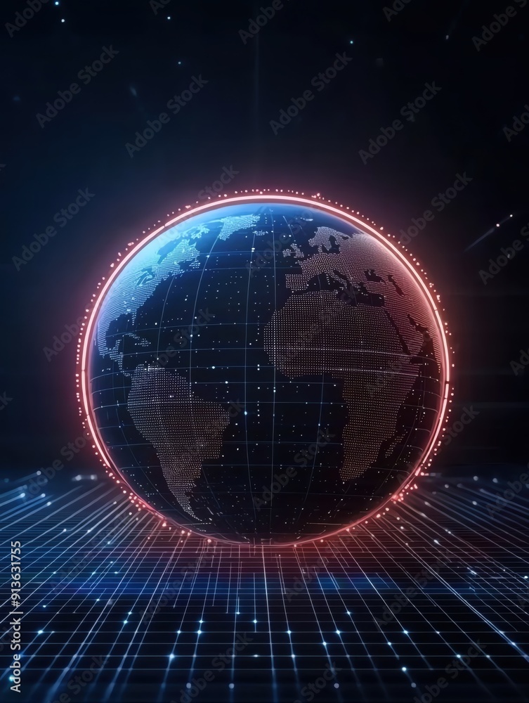 Obraz premium Visual representation of a digital globe with glowing lines and grids, symbolizing connectivity and technology across the planet.