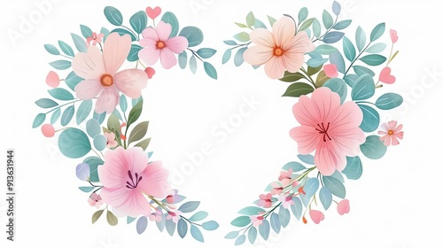 Empty heartshaped flower frame, simple modern backdrop, watercolor style