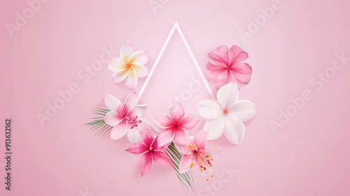 Empty triangle flower frame, minimalist clean backdrop, watercolor style