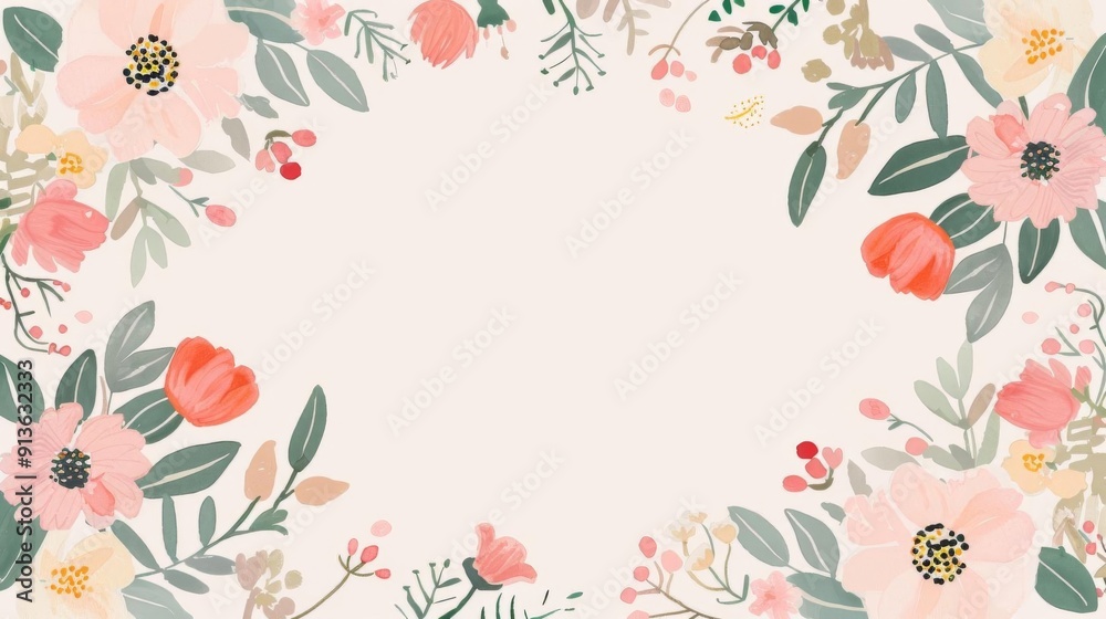 Flower border with empty middle, simple clean backdrop, watercolor style Flower border with empty middle, simple clean backdrop, watercolor style