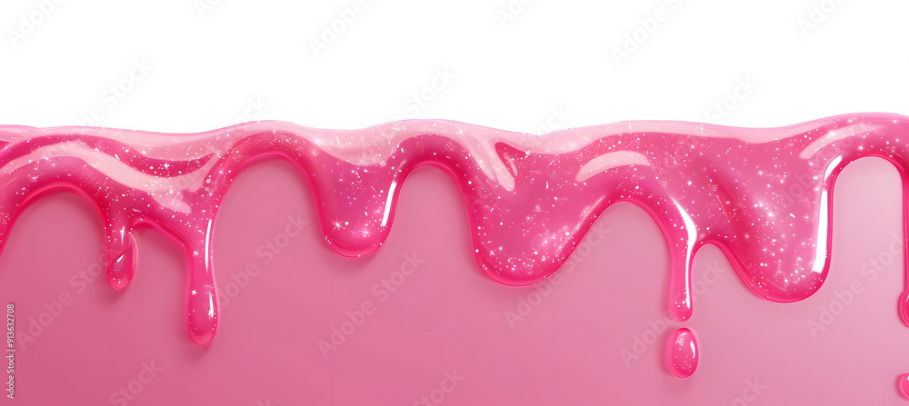 Dripping glossy pink slime with glitter isolated on transparent background. Border of shiny flowing sticky sweet goo. Vector template of cream, jelly or caramel glaze for cake or donut.