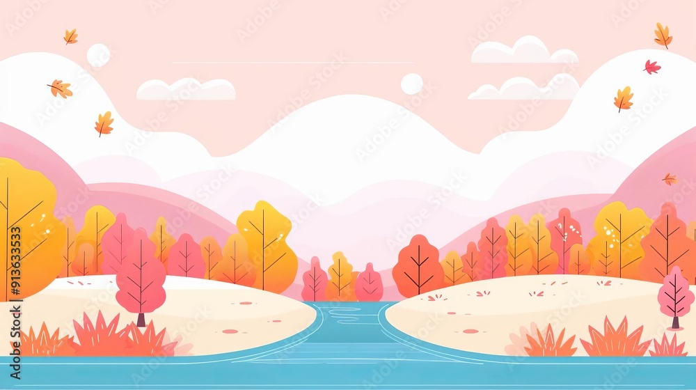 Autumn river scene, simple modern clean background Autumn river scene, simple modern clean background