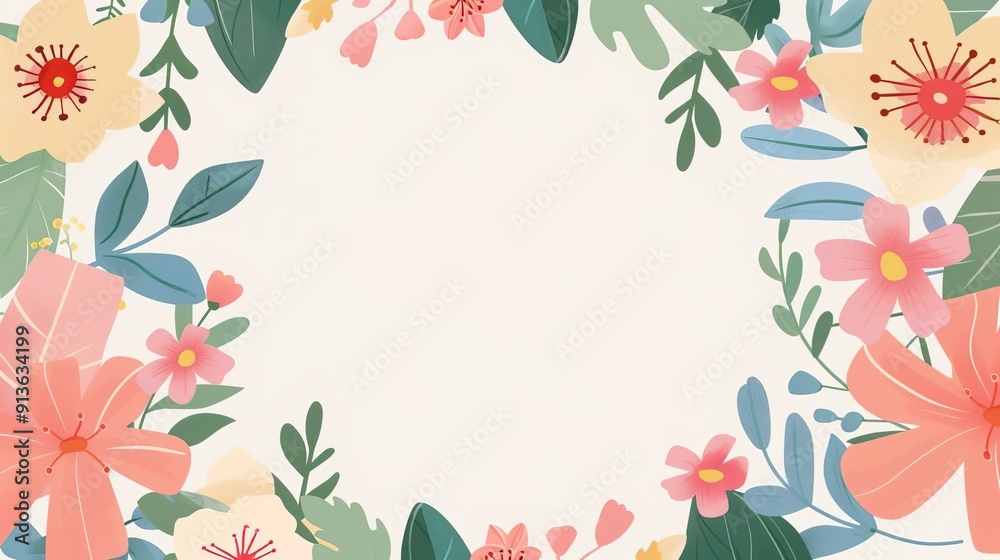 Obraz premium Circular floral frame, empty center, simple modern clean background, flat design illustration