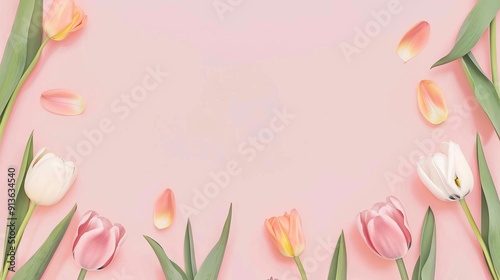Empty frame of tulips, simple modern clean background, flat design illustration