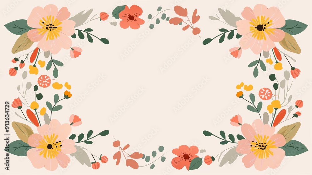 Obraz premium Empty oval flower frame, simple modern clean background, flat design illustration